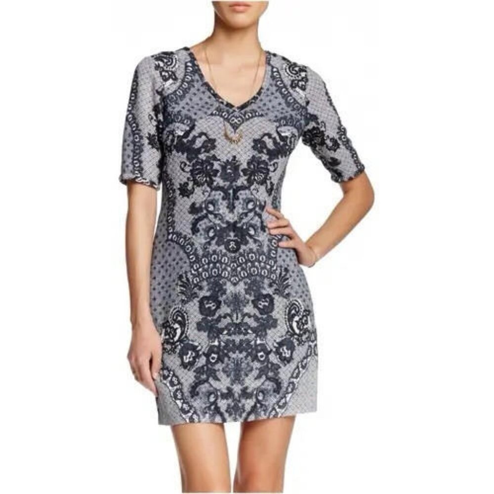 Yoana Baraschi Lace Print‎ Anthropologie Gray Cocktail Formal Dress Size 6